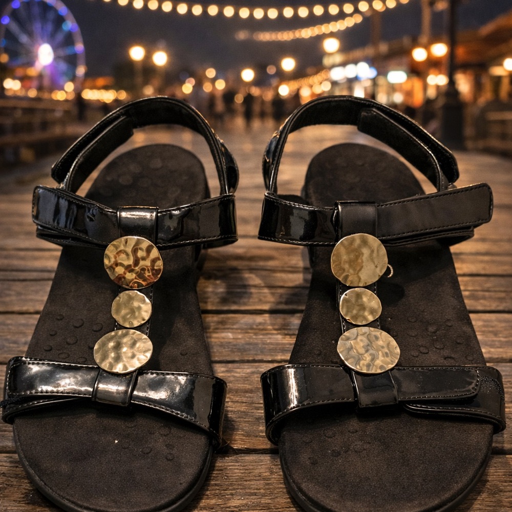 Vionic Black Patent Sandals with Gold Disc Detailing